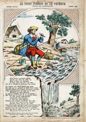 Den lilla fisken och fiskaren. Anonym illustration för Les Fables av Jean de LA FONTAINE (Lafontaine) (1621-1695). Avbildning av Pont-a-Mousson, ca 1880. Privat samling.