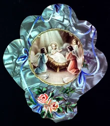Nativiten. Barnet Jesus omger änglar Fromma bild. Dentelee vykort. Privat samling