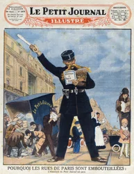 Den parisiska befolkningen utnyttjade en lastbil och en polis läser Almanach istället för att cirkulera från "Le petit journal illustré"