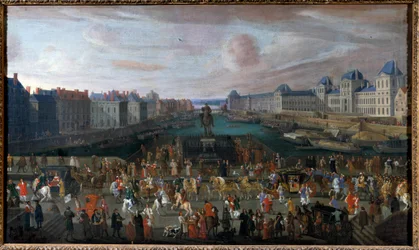 Pont Neuf sedd från ingången till Place Dauphine, Quai Malaquais med De fyra nationernas kollegium (Institut de France) under uppförande, Grande Galerie och Louvren när ett följe passerar. Anonym målning. 1665. Mått: 0,74 x 1,25 m.