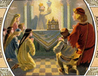 The Quest of the Holy Grail, ett heligt kärl som skulle ha samlat blod från Jesu Kristi sår under korsfästelsen. kromolitografi från slutet av 1800-talet..