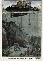 The Rescue of the Millions of the Oceana: Scaphandlers dyker utanför Eastbourne för att plocka upp den 18 miljoner metall som det brittiska linjefartyget skulle transportera till Indien. Gravyr i "" Le Petite Journal"", den 19/05/1912. Privat samling.
