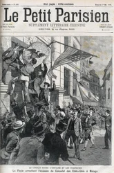 Det spansk-amerikanska kriget (American Hispano): folkmassan slet sönder märket från det amerikanska konsulatet i Malaga, Spanien 1898. Omslag till "" Le petit Parisien "" från maj 1898.