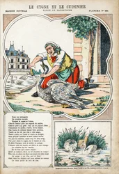 Svanen och kocken. Anonym illustration för Les Fables av Jean de LA FONTAINE (Lafontaine) (1621-1695). Avbildning av Pont-a-Mousson, ca 1880. Privat samling.