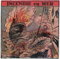 T.S.F.: eld till sjöss. T.S.F. används av båtar för att tillkalla hjälp vid ett skeppsbrott. Anonym illustration från 1925. Privat samling.