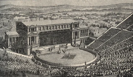 Dionysosteatern, Akropolis, Aten, Grekland - rekonstruktion från 1890 av Dionysosteatern i antikens Aten, Grekland - gravyr, 1890