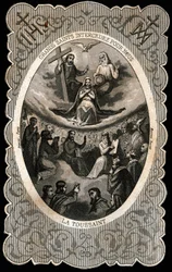 Jungfru Maria med den heliga treenigheten (Gud, Jesus Kristus och den helige Andes duva). Dentelee kort. 1800-talet. Privat samling