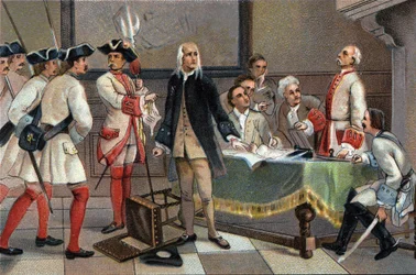 Gripandet av Francois Anneessens 1719 för att ha varit den främsta anstiftaren till upploppet i Bryssel 1717. Reklamkromolitografi av Antoine-choklad i Bryssel, början av 1900-talet. Privat samling