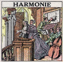 Konsten att ljuda: harmoni. Sångare och musiker i en kyrka. Anonym illustration från 1925. Privat samling.