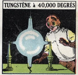 Atomen och vetenskapen: försök att lösa upp volfram genom att förånga en fin tråd av denna metall till 40 000 grader. Anonym illustration från 1925. Privat samling.
