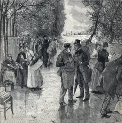 Bok-bokpromenaden på stranden av kajerna i Paris. Gravyr i "" Le petit parisien"" den 30/10/1892. Privat samling