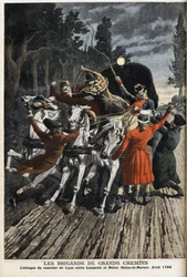 Motorvägarnas bråk: attacken av Lyon-posten mellan Lieusaint och Melun (Seine Et Marne) i april 1796. Gravyr i "" Le Petite Journal"