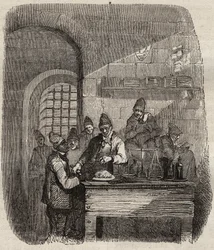 Matsalen i Brestfängelset på 1800-talet. Gravyr i "Fångarnas historia från deras skapelse till idag" (1877) av Pierre Zaccone (1817-1895) (Colonia Penale - Straffkoloni). Privat samling.