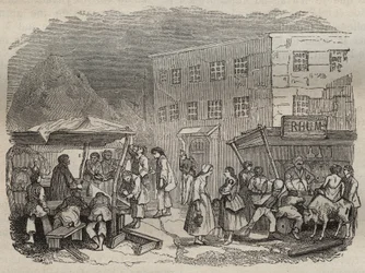 Matsalen i bagne de Rochefort på 1800-talet. Gravyr i "Fångarnas historia från deras skapelse till våra dagar" (1877) av Pierre Zaccone (1817-1895) (Colonia Penale - Straffkoloni) Privat samling.