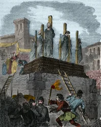 Fallet med kättarna i Orléans: kaniker dömdes till bålet för kätteri i Orléans år 1022. Det första bålet i historien om kampen mot kätteri i väst under Robert II den frommes styre (996-1031). Gravyr från 1800-talet