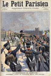 Hundraårsjubileet av Saint Cyr (Saint-Cyr): Napoleon I Bonaparte (1769-1821) klarar den första recensionen av militärskolans elever. En av tidningen "" Le petit parisien"" den 1908-04-12. Privat samling.