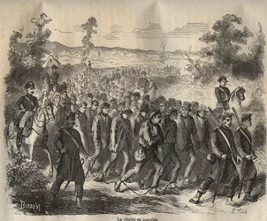 Kedjan startade i Toulon Bagne på 1800-talet. Gravyr i "Fångarnas historia från deras skapelse till idag" (1877) av Pierre Zaccone (1817-1895) (Colonia Penale - Straffkoloni). Privat samling.