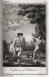 Kärlekens barndom. Gravyr från 1819 i "Lettres a Emilie sur la mythologie" av Charles Albert Demoustier (1760-1801). Privat samling.