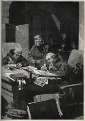 Krysografen: skrivarmunkar utför illuminationer med guldbokstäver under medeltiden. Gravyr från 1885 i ”Les arts et métiers illustrés” av Adolphe Bitard.