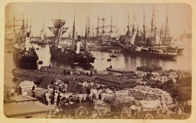 Staden Marseille och dess omgivningar runt 1885 -1890: Bassin de la Joliette, lastbord på katter, Privat samling