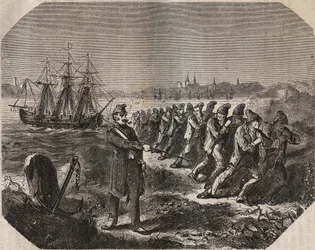 Cordellen (verk av stor trötthet) vid bagne de Rochefort på 1800-talet. Gravyr i "Historia om fängelserna från deras tillkomst till våra dagar" (1877) av Pierre Zaccone (1817-1895) (Colonia Penale - Straffkoloni)