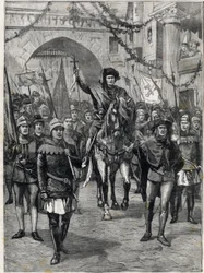 Företagens kortege på 1300-talet: Paris köpmäns prevot. Gravyr. I "" The Little Parisien"", den 18/06/1899. Privat samling.