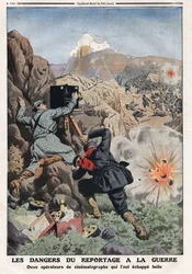 Farorna med att rapportera i krig: "" två korrespondentreporter i länder i krig som riskerar sina liv""" illustration från "" Le Petit Journal"" 1912-11-03 Privat samling.
