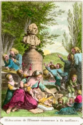 Människans utbildning börjar vid hennes födelse: mödrar med sina barn, tillsammans med en byst som hyllning till den schweiziska filosofen Jean Jacques Rousseau (1712-1778). Gravyr av 1700-talets privatsamling