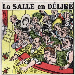 Musikens effekter: åskådare på en teater som uttrycker sin glädje med rop, applåder och blommande blommor. Anonym illustration från 1925. Privat samling.