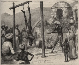 Fakiren i Indien - Fakirerna (Faquir) i Indien - in hängdes vid fötterna på en trästång - gravyr från 1892 i "Journal des voyages".
