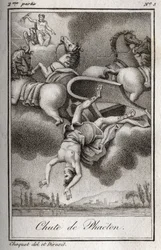 Fallet av Phaeton Phaeton (Phaethon), oförmögen att kontrollera Helios-tanken, träffades av Zeus och föll i Eridanfloden. Gravyr från 1819 i "Lettres a Emilie sur la mythologie" av Charles Albert Demoustier (1760-1801). Privat samling.