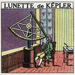 De första optiska instrumenten: astronomisk ram av Johannes Kepler (Keppler) (1571-1630) uppfunnen omkring 1615. Anonym illustration från 1925. Privat samling.
