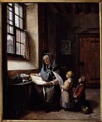 Mormodern En mormor läser sina två barnbarn. Anonym målning. 1800-talet. Privat samling