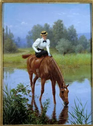 Stoppet En ung kvinna som reser sig i en Amazonas stannar för att få sin häst att dricka. Anonym målning, 1900-talet Privat samling - The Halt. En ung kvinna som rider på sidosadel stannar för att hennes häst ska dricka. Anonym målning, 1900-talet. Privat 