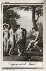 Paris domen Herden Paris måste välja vem han ska ge det gyllene äpplet för att designa den vackraste av de tre gudinnorna, Athena, Afrodite eller Hera. Gravyr från 1819 i "Lettres a Emilie sur la mythologie" av Charles Albert Demoustier