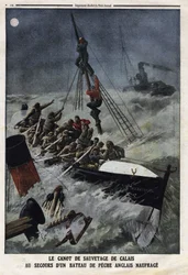 Livbåten i Calais för att rädda en engelsk fiskebåt som sjunker. Gravyr i "" Le Petite Journal"", 1912-02-11. Privat samling.