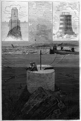 Lavezzi-fyren: byggandet av signaltornet på Lavezziöarna vid sundet som skiljer Korsika från Sardinien i Medelhavet, uppfört 1874 av den nationella flottan efter Sémillantes förlisning år 1