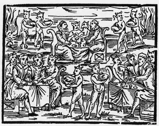 Häxornas måltid på sabbaten - "Compendium Maleficarum", handlar om häxorna, deras ondska och deras sortileges av Francesco Maria Guazzo eller Guaccio eller Guaccius (15?? -16??) 1608 privatsamling