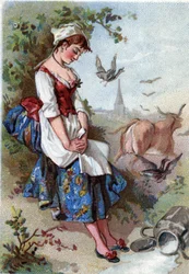 Mjölken och mjölkgrytan. Fabel av Jean de La Fontaine (Lafontaine) (1621-95). Kromolitografi av 1800-talet. Privat samling.