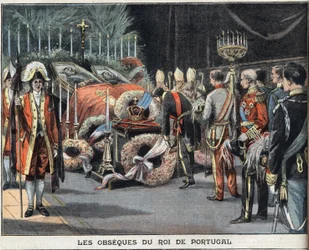 Portugals kung Karl I:s (1863-1908) begravning, mördad den 1 februari 1908. Gravyr ur tidningen ”Le Petit Parisien”, den 23/02/1908. Privat samling.
