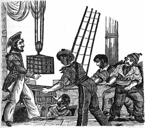 Piraten „Long Ben“ John Avery (död 1643) lastade tre lådor med skatter (guld och stenar) på sitt fartyg. Gravyr ur „The Pirate
