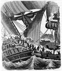 Piratherren Jean Lafitte (1780-1826) närmar sig Queen East-skeppet från Compagnie des Indes. Gravyr av "" Piratens egen bok"" 1837.