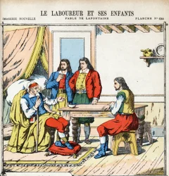 Plogaren och hans barn. Anonym illustration för Les Fables av Jean de LA FONTAINE (Lafontaine) (1621-1695). Avbildning av Pont-a-Mousson, ca 1880. Privat samling.