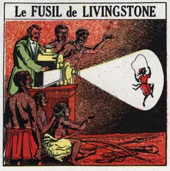 Projektionen: Livingstones gevär. David Livingstone (1813-1873) Skotsk missionär och upptäcktsresande med den magiska lyktan i Balonda-stammen i Afrika. Anonym illustration från 1925. Privat samling.