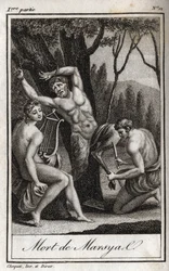 Straffet eller döden av Marsyas (The Punishment of Marsyas) straffas för att ha trotsat Apollo till lyran och spärras av bågskytten i närvaro av kung Midas och muserna. Gravyr från 1819 i "Lettres a Emilie sur la mythologie" av Charles
