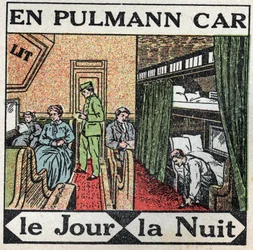 Järnvägarna: inuti Pullmanvagnen. Anonym illustration från 1925. Privat samling.