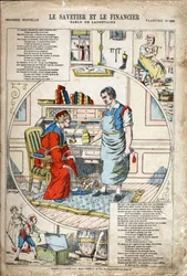 Spararen och finansmannen. Anonym illustration för Les Fables av Jean de LA FONTAINE (Lafontaine) (1621-1695). Avbildning av Pont-a-Mousson, ca 1880. Privat samling.