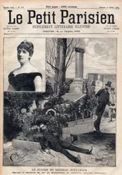 General Georges Boulangers (1837-1891) självmord på kyrkogården i Ixelles i Belgien framför Madame Bonnemains grav. Gravyr i “Le Petit Parisien” från 1891. Privat samling.