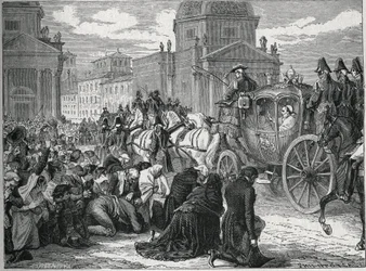 Påven Pius VII:s (Pio) triumferande inträde (1742-1823) i Rom (Rom) den 24 maj 1814. Gravyr från 1800-talet. Privat samling.