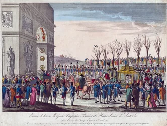 Napoleons och Marie-Louises bröllopståg längs Champs Elysees den 2 april 1810 - Anonym - 1810 - Etsning, akvarell - 35,3x45,7 - Privat samling